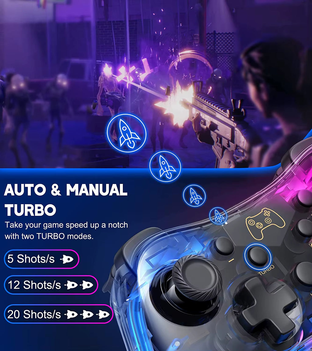 Controller 7039 for Switch with RGB Lights,Turbo,Wake-Up Function,Supports Multi-Platform&App Control,Transparent Gamepad